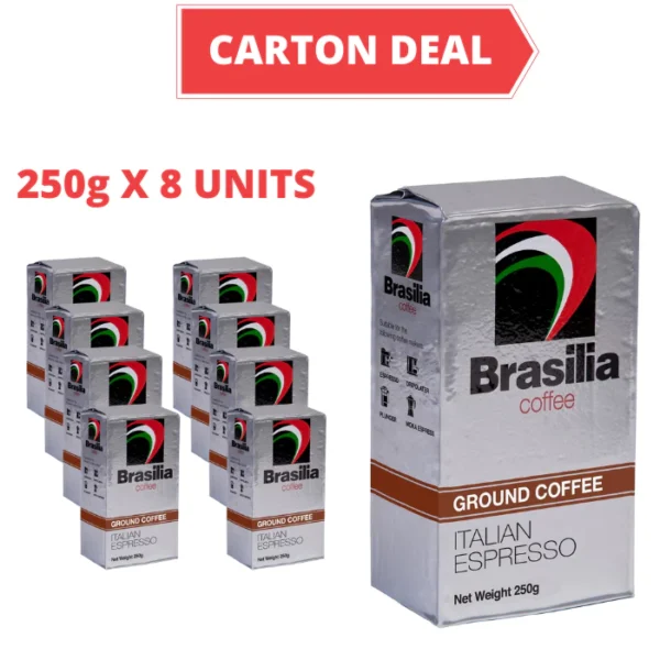 Carton Deal   Brasilia Coffee Ground Brick Pack Italian Espresso 250g x 8 Units